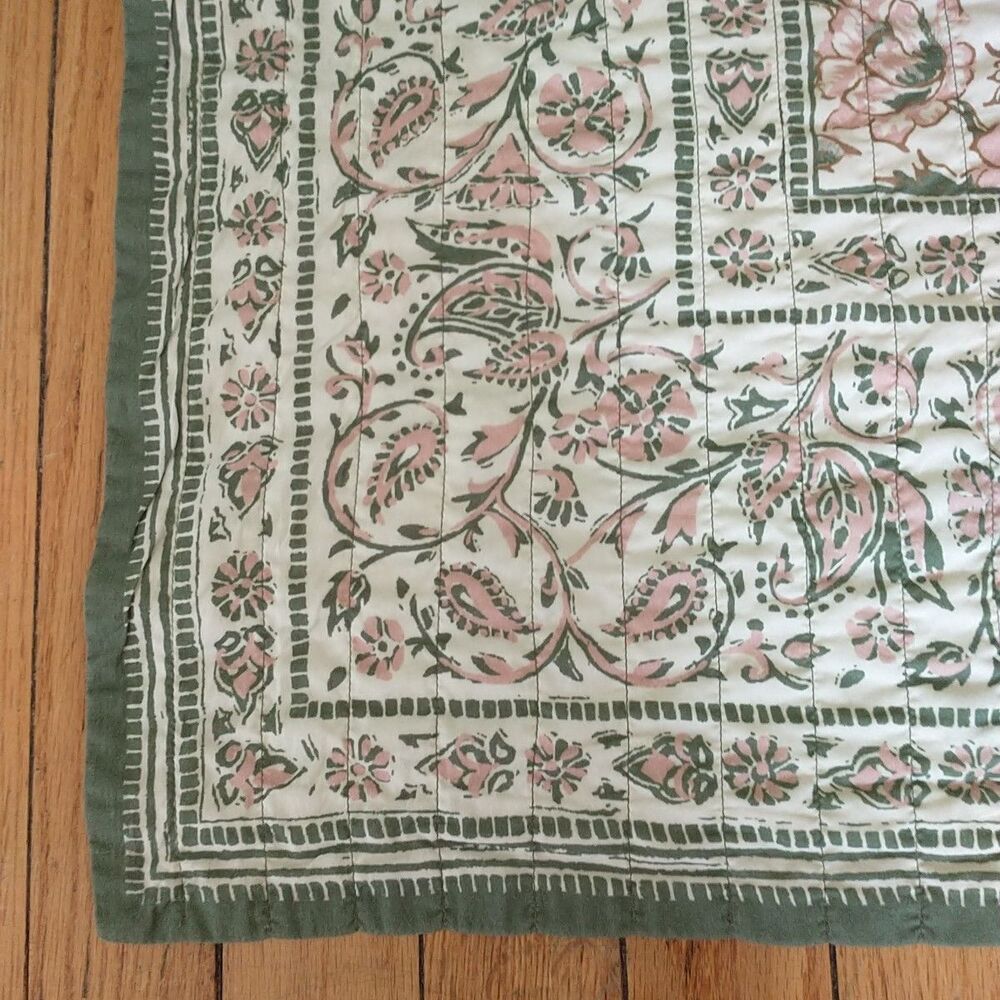 Veronica Beard Tablecloth Green Pink Floral Kantha Cotton Cottagecore Rectangle